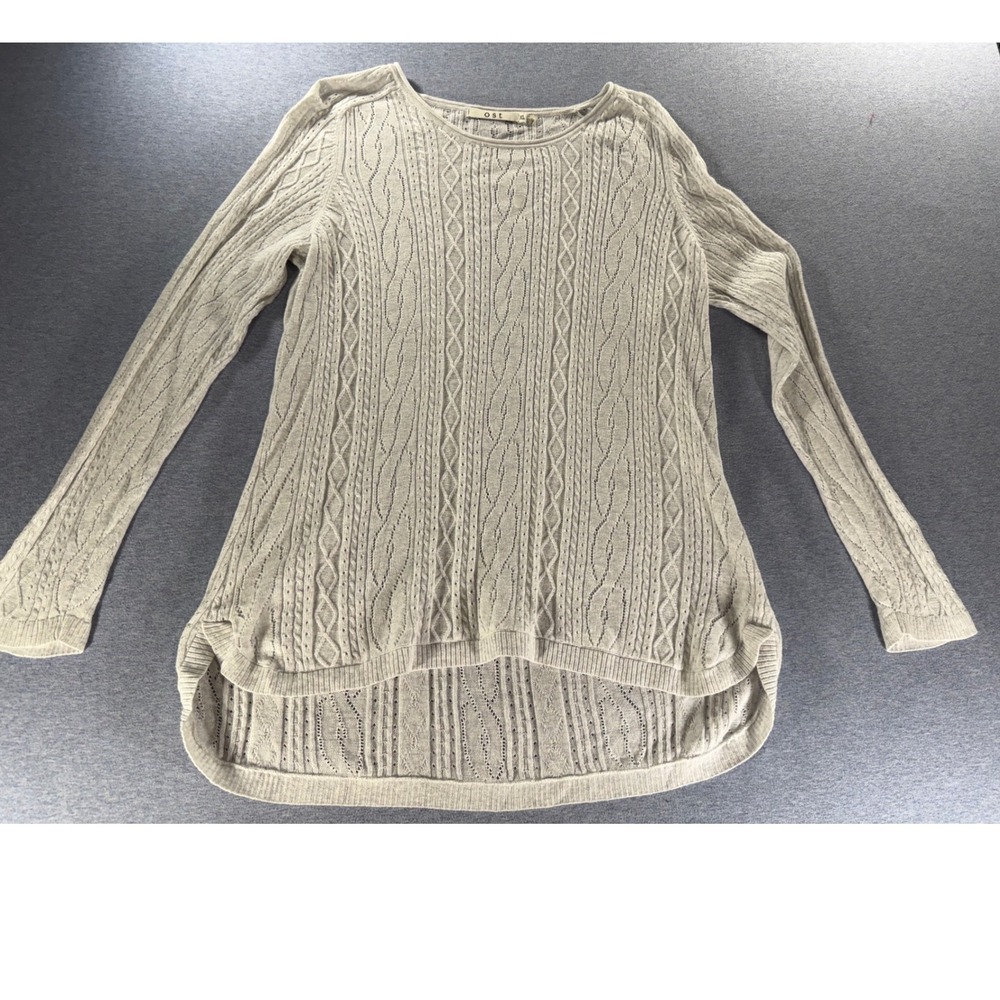 Ost Women XL Beige Cable Pointelle Knit Cotton High Low Long Sleeve Sweater